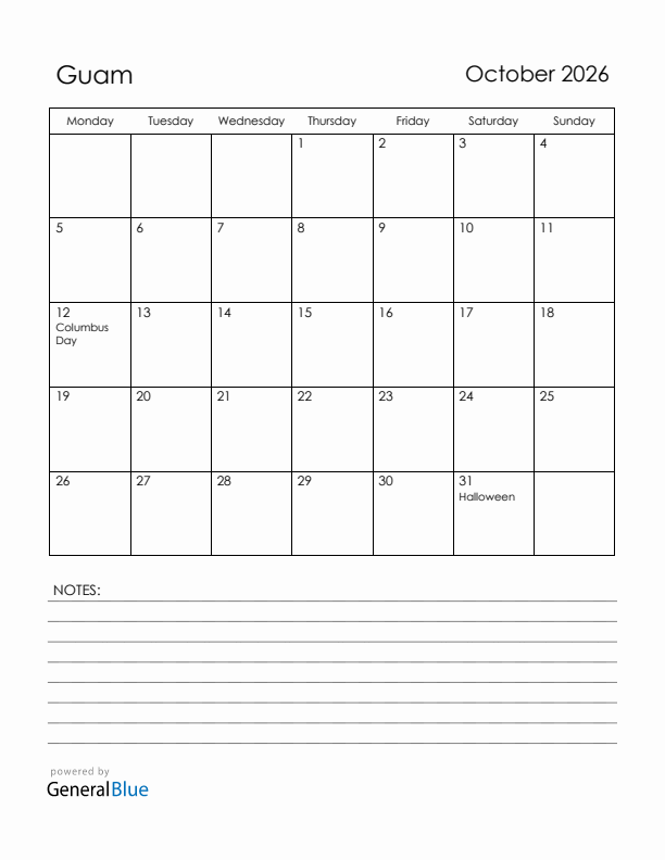 October 2026 Guam Calendar with Holidays (Monday Start)