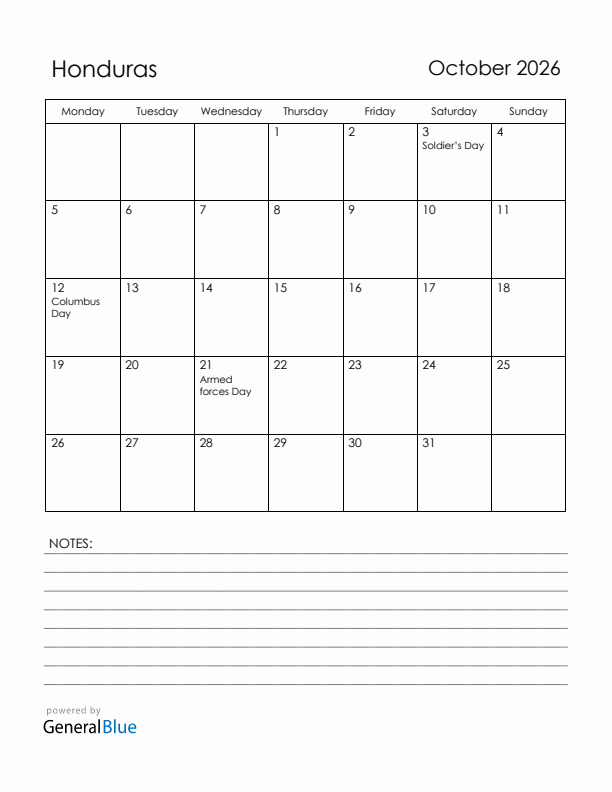 October 2026 Honduras Calendar with Holidays (Monday Start)