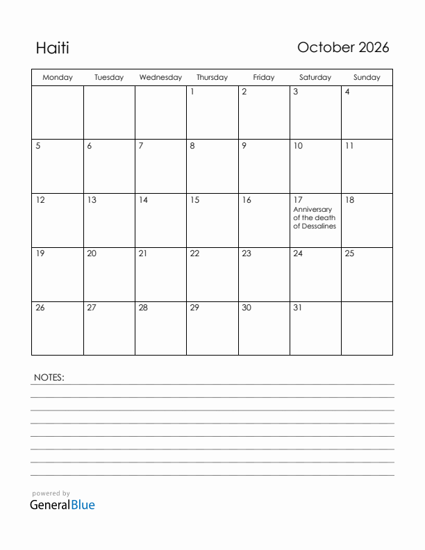 October 2026 Haiti Calendar with Holidays (Monday Start)