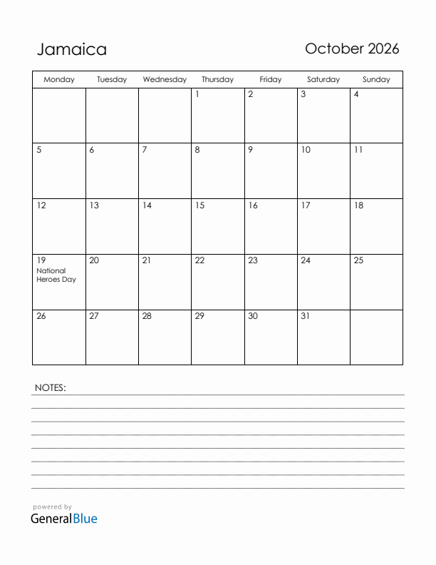 October 2026 Jamaica Calendar with Holidays (Monday Start)