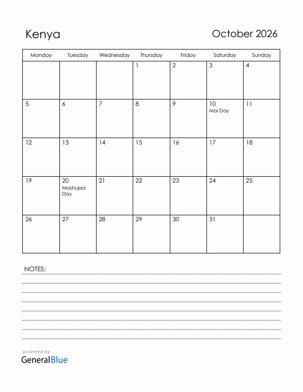 October 2026 Kenya Calendar with Holidays (Monday Start)