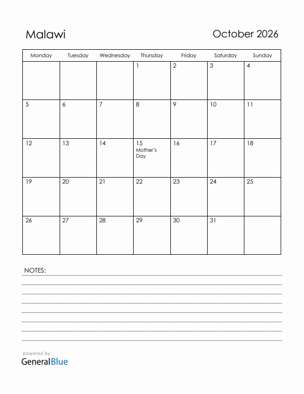 October 2026 Malawi Calendar with Holidays (Monday Start)