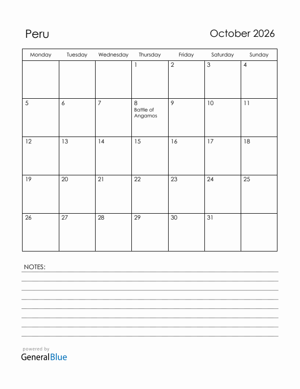October 2026 Peru Calendar with Holidays (Monday Start)