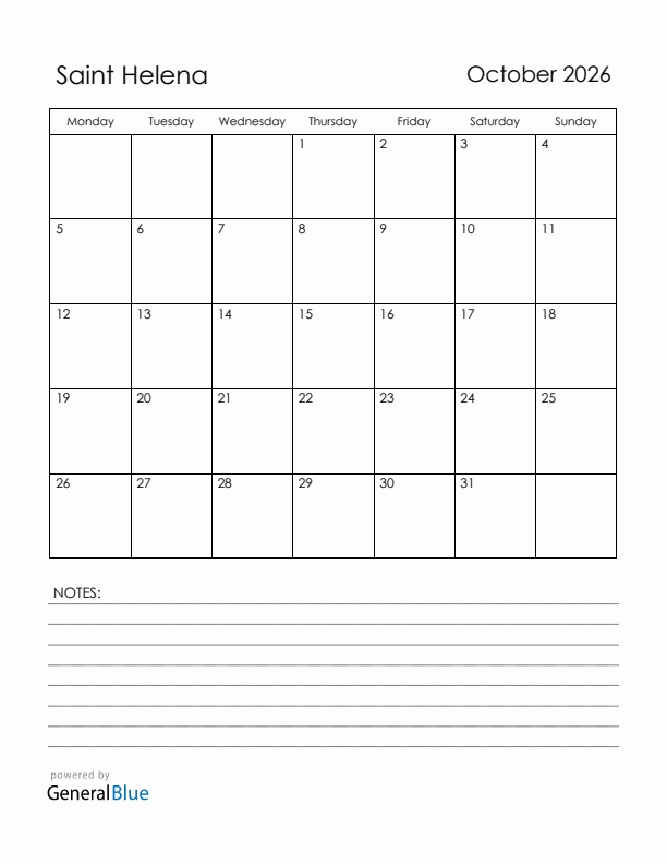 October 2026 Saint Helena Calendar with Holidays (Monday Start)