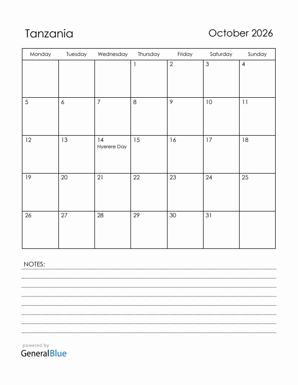 October 2026 Tanzania Calendar with Holidays (Monday Start)
