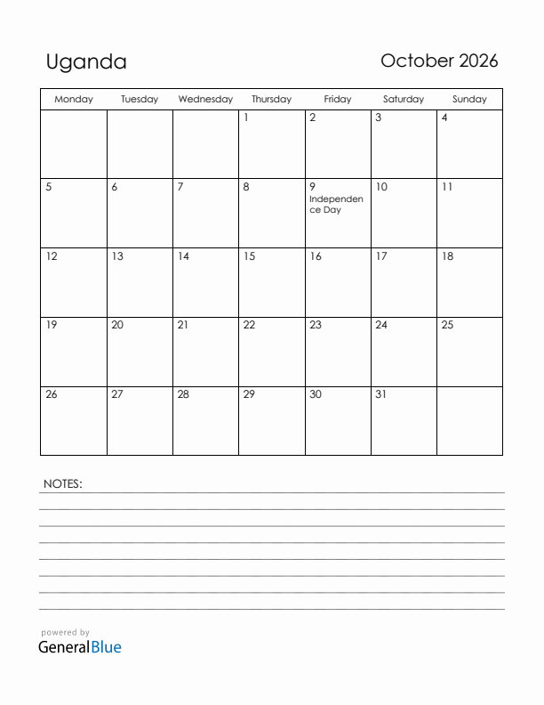 October 2026 Uganda Calendar with Holidays (Monday Start)