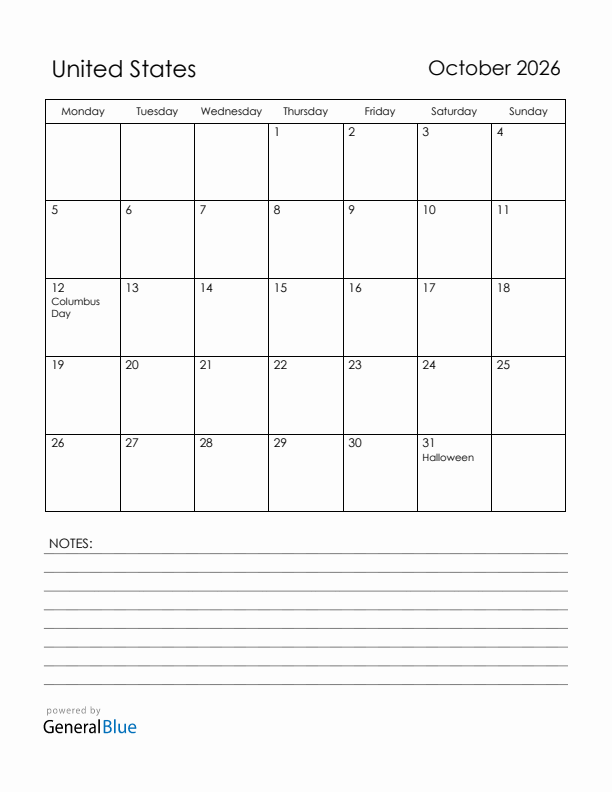 October 2026 United States Calendar with Holidays (Monday Start)