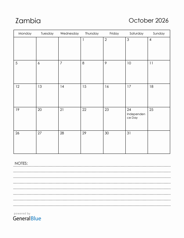 October 2026 Zambia Calendar with Holidays (Monday Start)