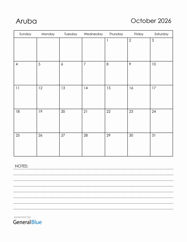 October 2026 Aruba Calendar with Holidays (Sunday Start)