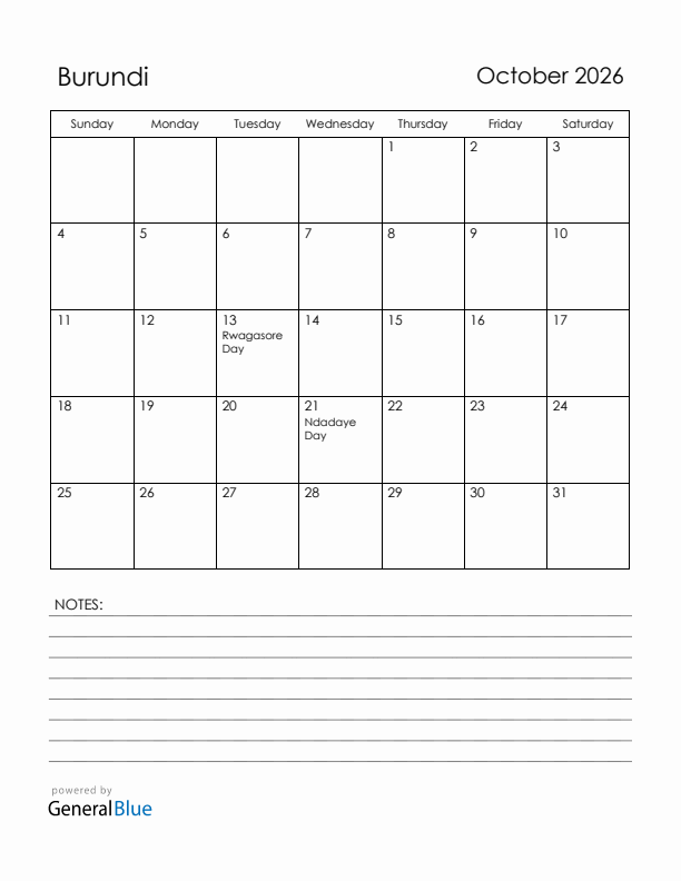 October 2026 Burundi Calendar with Holidays (Sunday Start)