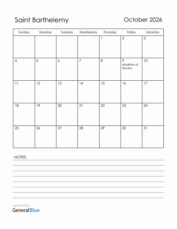 October 2026 Saint Barthelemy Calendar with Holidays (Sunday Start)