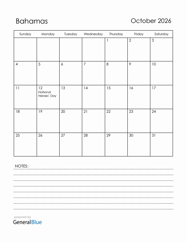 October 2026 Bahamas Calendar with Holidays (Sunday Start)