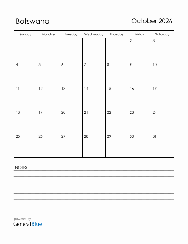 October 2026 Botswana Calendar with Holidays (Sunday Start)