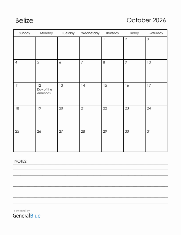 October 2026 Belize Calendar with Holidays (Sunday Start)