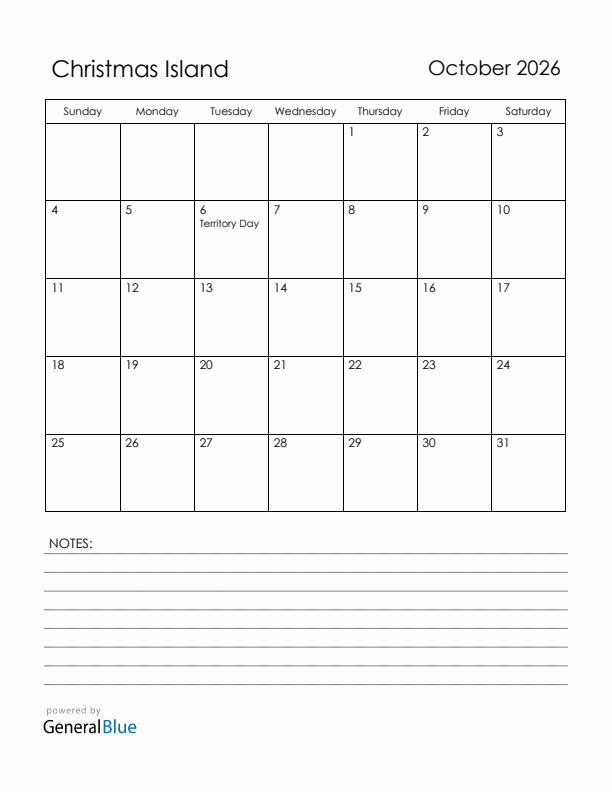 October 2026 Christmas Island Calendar with Holidays (Sunday Start)