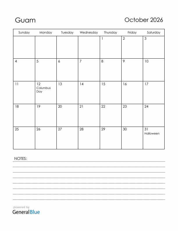October 2026 Guam Calendar with Holidays (Sunday Start)