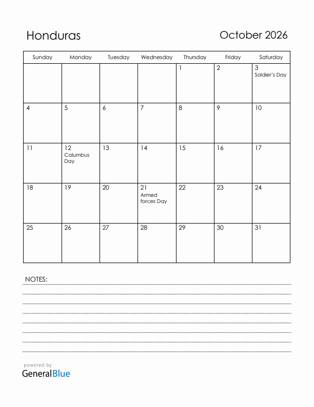 October 2026 Honduras Calendar with Holidays (Sunday Start)