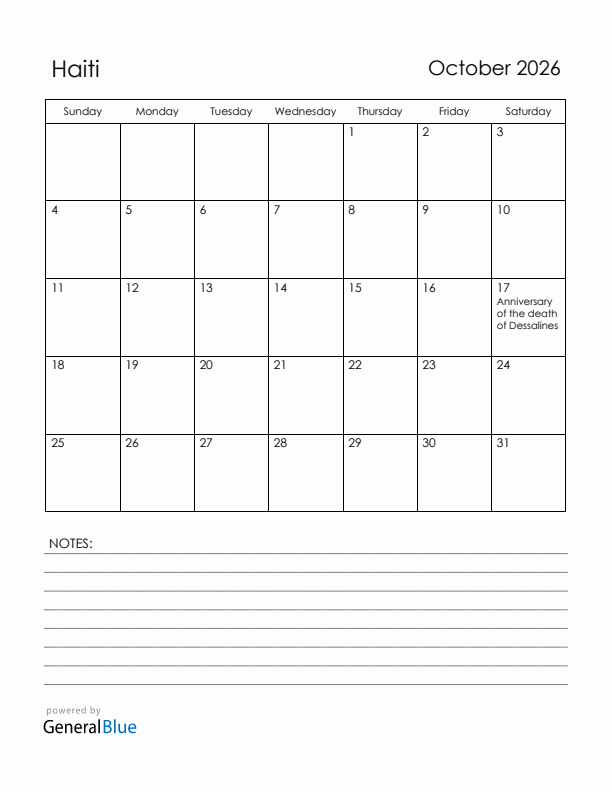 October 2026 Haiti Calendar with Holidays (Sunday Start)