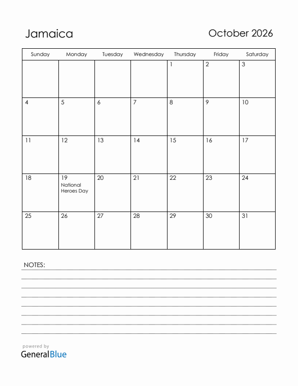 October 2026 Jamaica Calendar with Holidays (Sunday Start)