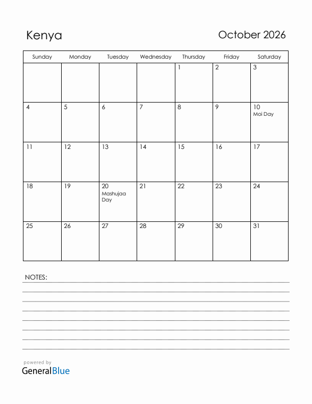 October 2026 Kenya Calendar with Holidays (Sunday Start)