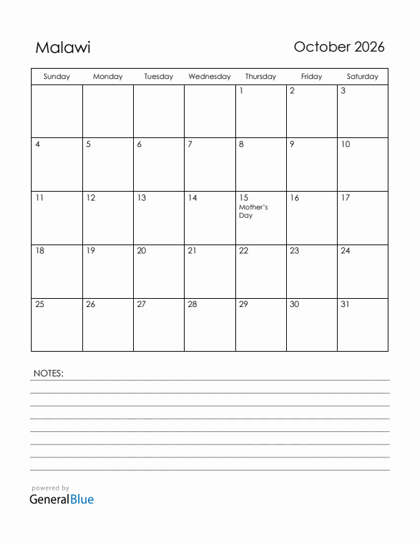 October 2026 Malawi Calendar with Holidays (Sunday Start)