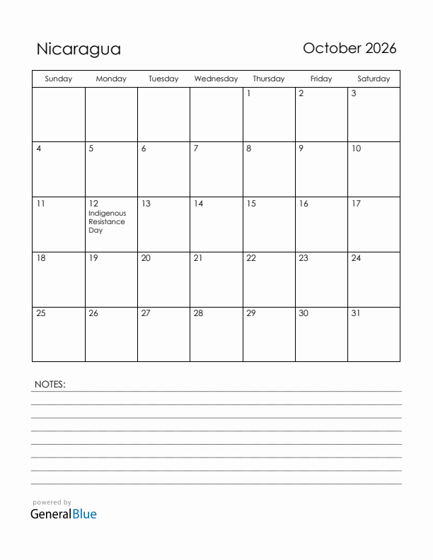 October 2026 Nicaragua Calendar with Holidays (Sunday Start)
