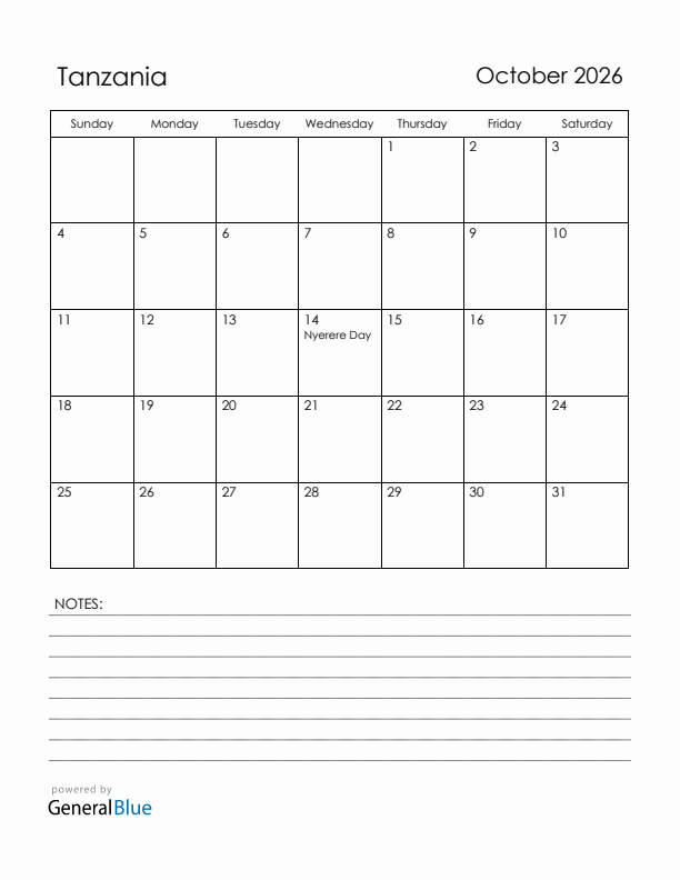 October 2026 Tanzania Calendar with Holidays (Sunday Start)
