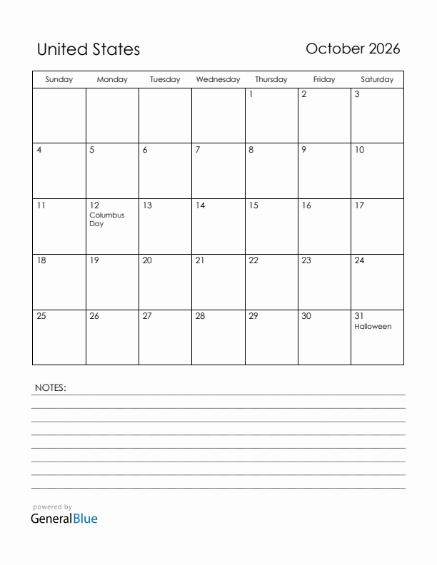 October 2026 United States Calendar with Holidays (Sunday Start)