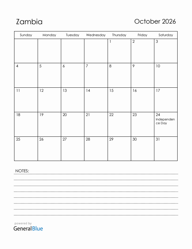 October 2026 Zambia Calendar with Holidays (Sunday Start)