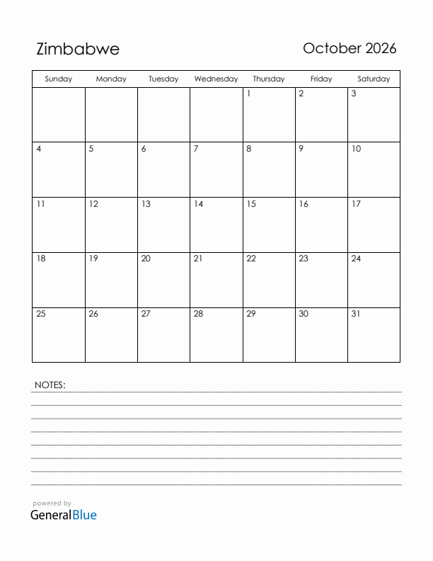 October 2026 Zimbabwe Calendar with Holidays (Sunday Start)
