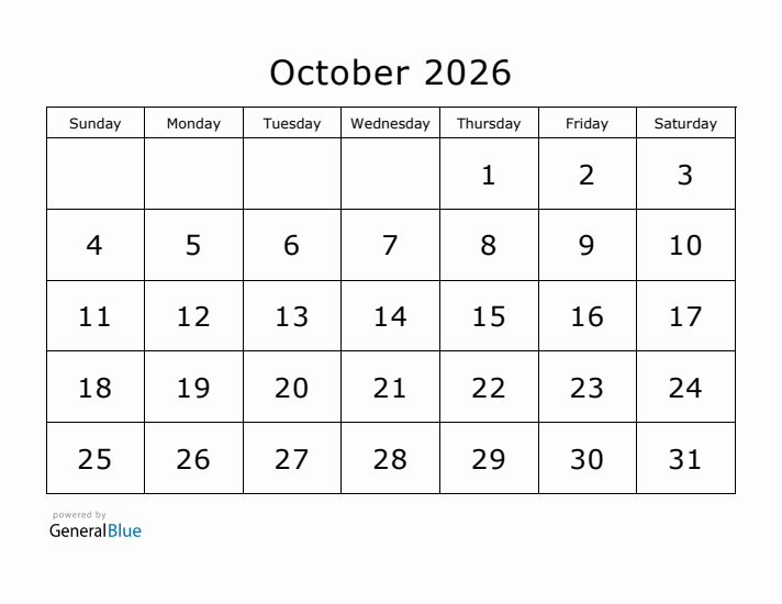 Printable October 2026 Calendar - Sunday Start