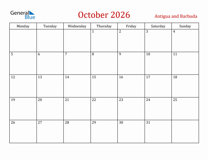 Antigua and Barbuda October 2026 Calendar - Monday Start