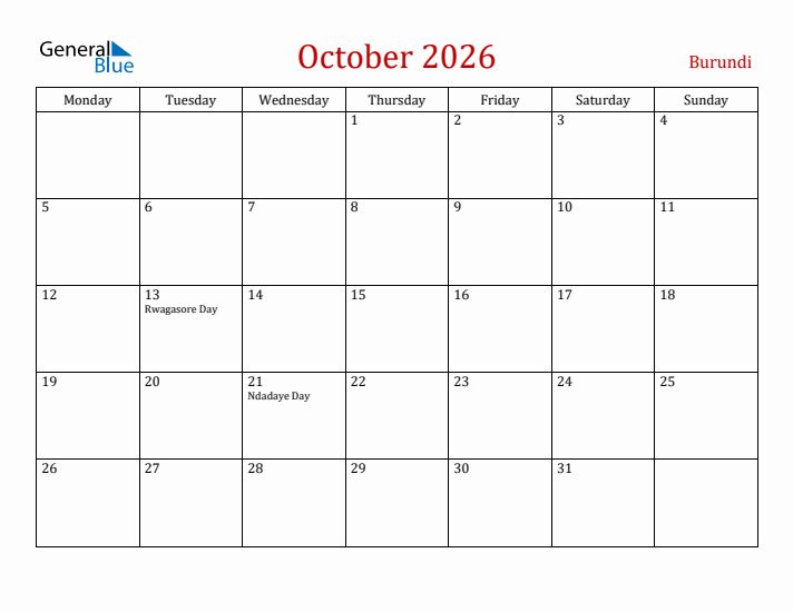 Burundi October 2026 Calendar - Monday Start