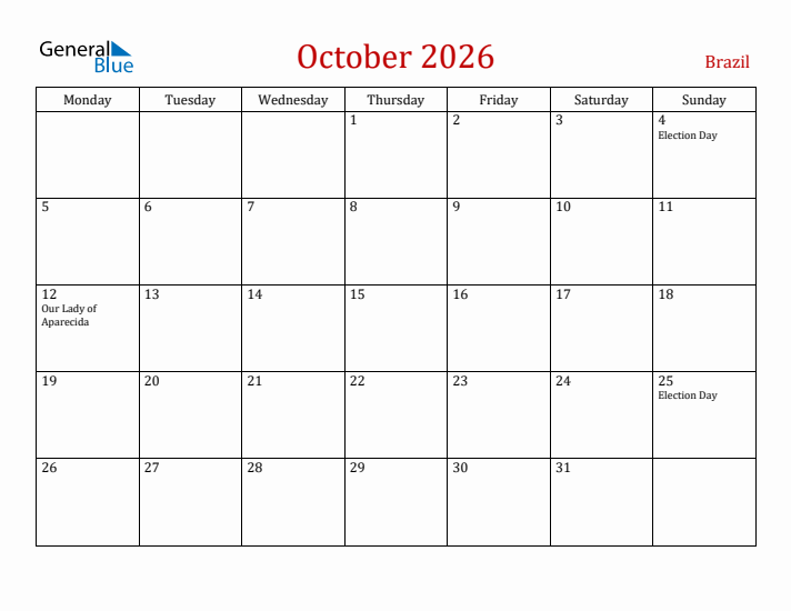 Brazil October 2026 Calendar - Monday Start