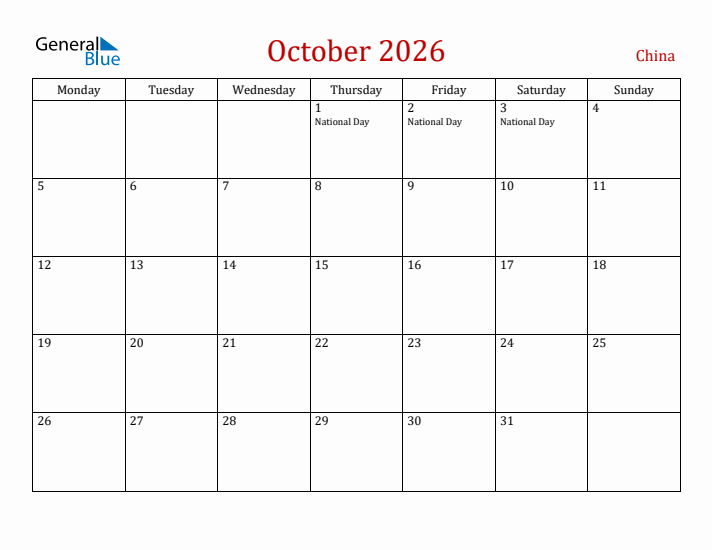 China October 2026 Calendar - Monday Start