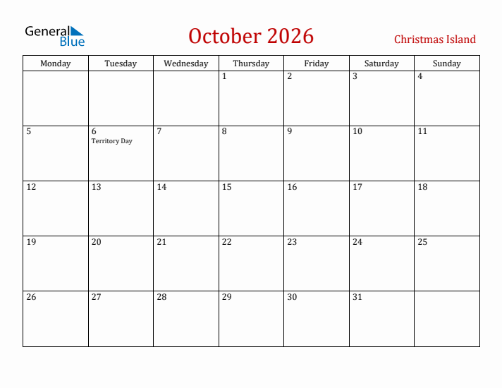 Christmas Island October 2026 Calendar - Monday Start