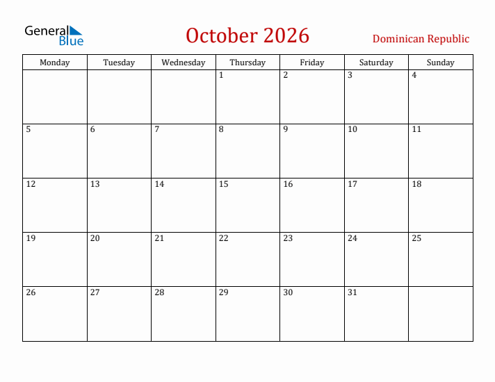 Dominican Republic October 2026 Calendar - Monday Start