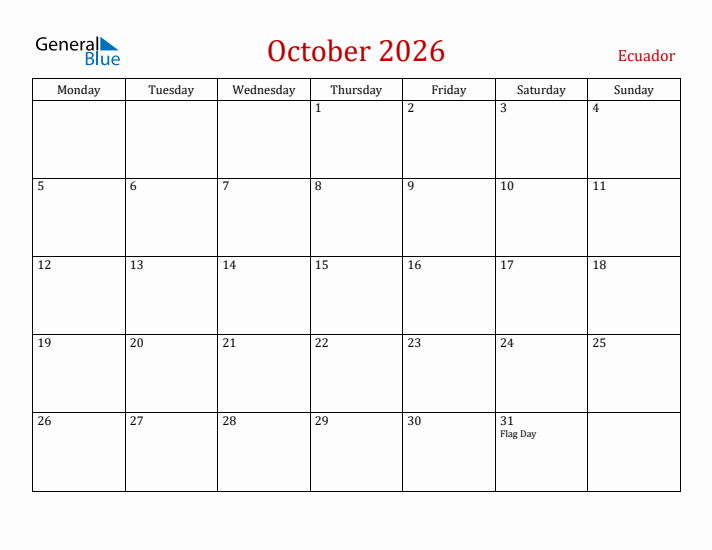 Ecuador October 2026 Calendar - Monday Start