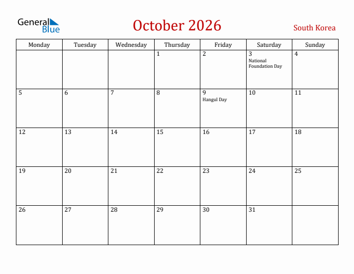South Korea October 2026 Calendar - Monday Start