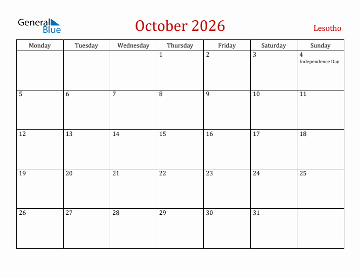 Lesotho October 2026 Calendar - Monday Start
