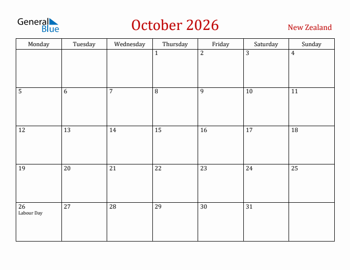 New Zealand October 2026 Calendar - Monday Start