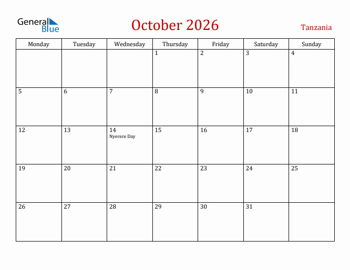 Tanzania October 2026 Calendar - Monday Start