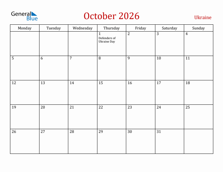 Ukraine October 2026 Calendar - Monday Start