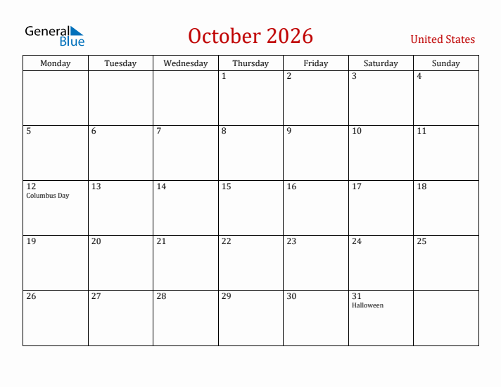 United States October 2026 Calendar - Monday Start