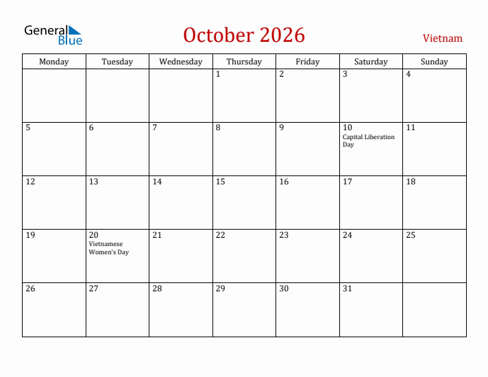 Vietnam October 2026 Calendar - Monday Start