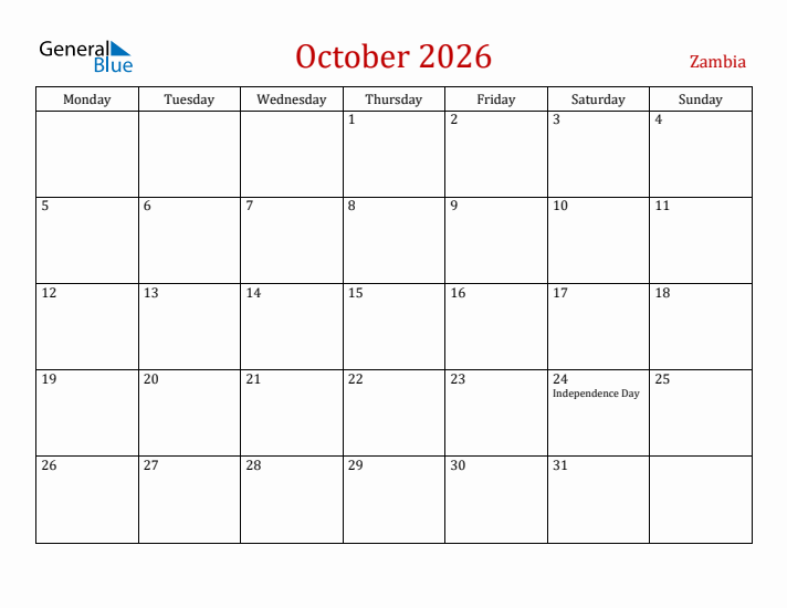 Zambia October 2026 Calendar - Monday Start