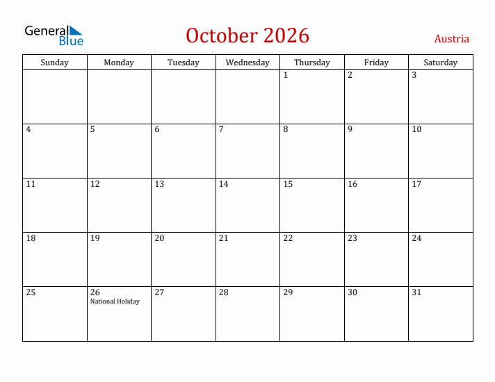 Austria October 2026 Calendar - Sunday Start