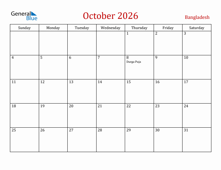 Bangladesh October 2026 Calendar - Sunday Start