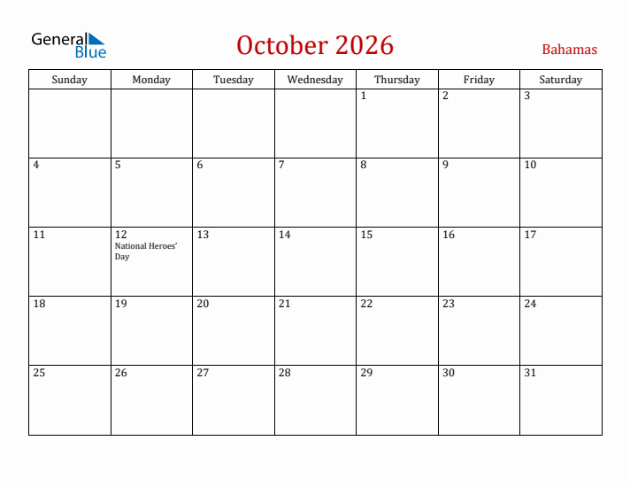 Bahamas October 2026 Calendar - Sunday Start