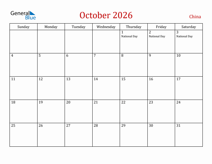 China October 2026 Calendar - Sunday Start